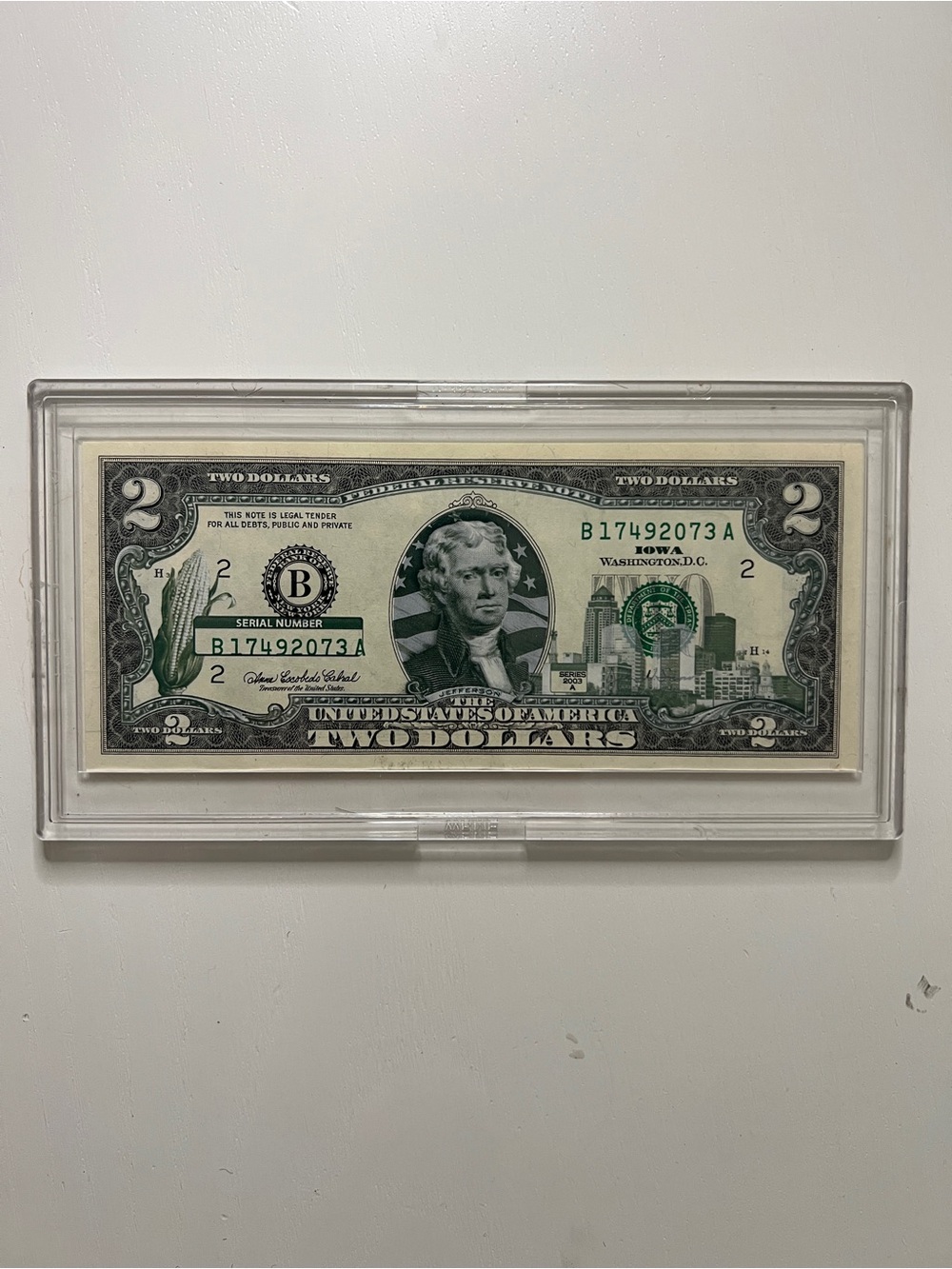 2 Dollar Bill with overlay print Iowa state